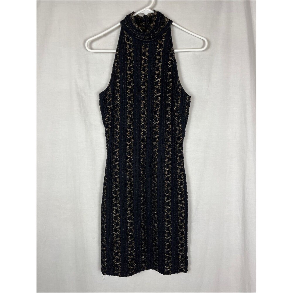 Torn By Ronny Kobo Black and Gold Metalic High Collared Mini Dress